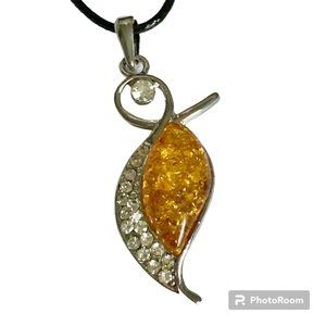 Vintage Honey Yellow Amber Necklace Art Deco Crystal 18" Simulated Silver Plated